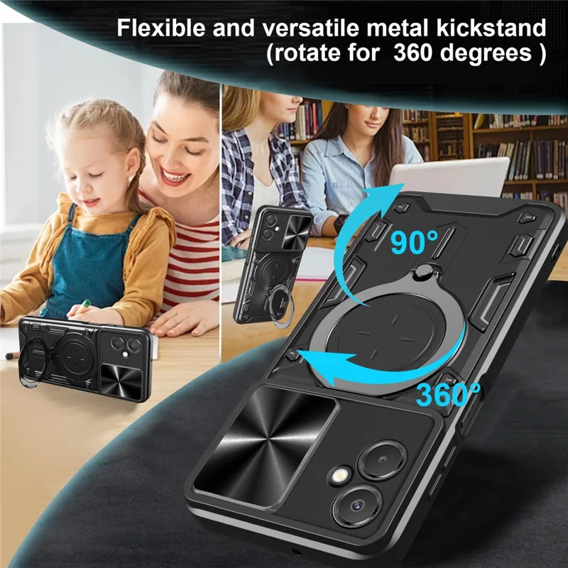 For Samsung Galaxy A06 5G Case TPU + PC Phone Cover with Kickstand , Slide Lens Window - Black