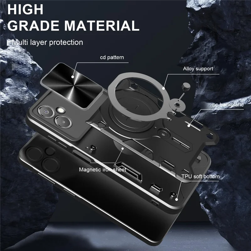 For Samsung Galaxy A06 5G Case TPU + PC Phone Cover with Kickstand , Slide Lens Window - Black