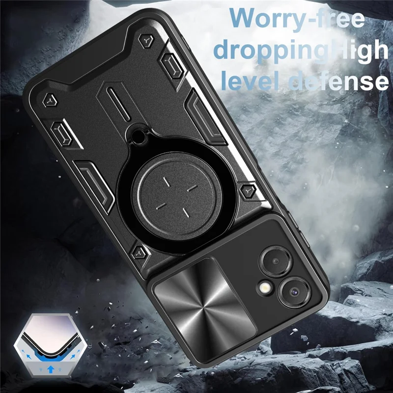 For Samsung Galaxy A06 5G Case TPU + PC Phone Cover with Kickstand , Slide Lens Window - Black