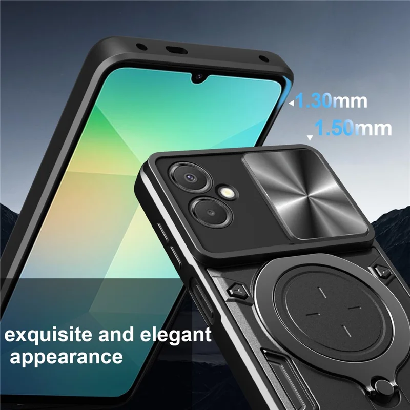 For Samsung Galaxy A06 5G Case TPU + PC Phone Cover with Kickstand , Slide Lens Window - Black