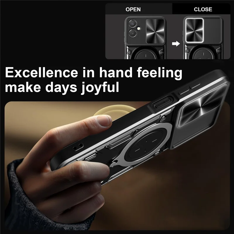 For Samsung Galaxy A06 5G Case TPU + PC Phone Cover with Kickstand , Slide Lens Window - Black