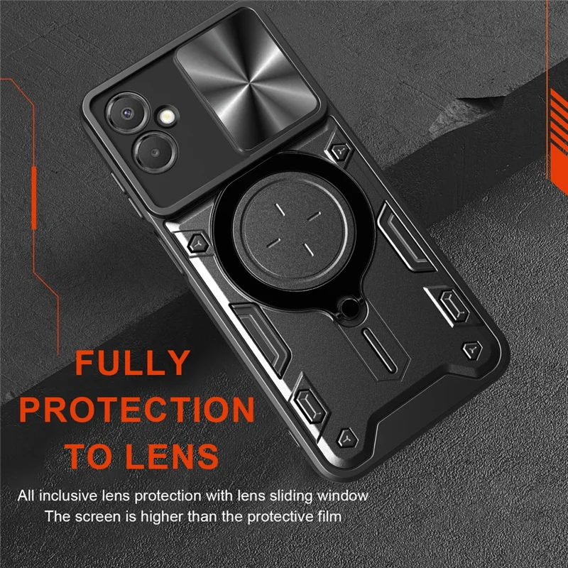 For Samsung Galaxy A06 5G Case TPU + PC Phone Cover with Kickstand , Slide Lens Window - Black