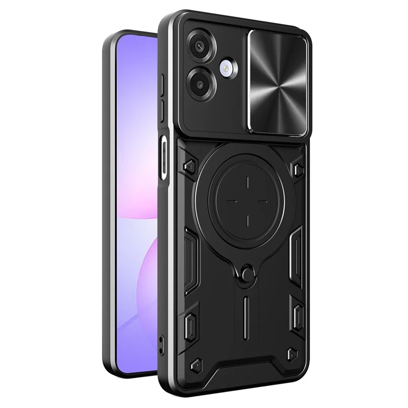 Samsung Galaxy A07 4G Hülle TPU + PC Handyhülle mit Ständer, verschiebbares Objektivfenster - Schwarz