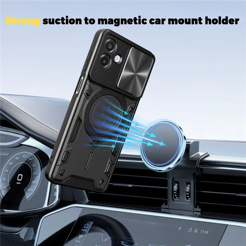 Samsung Galaxy A07 4G Hülle TPU + PC Handyhülle mit Ständer, verschiebbares Objektivfenster - Schwarz