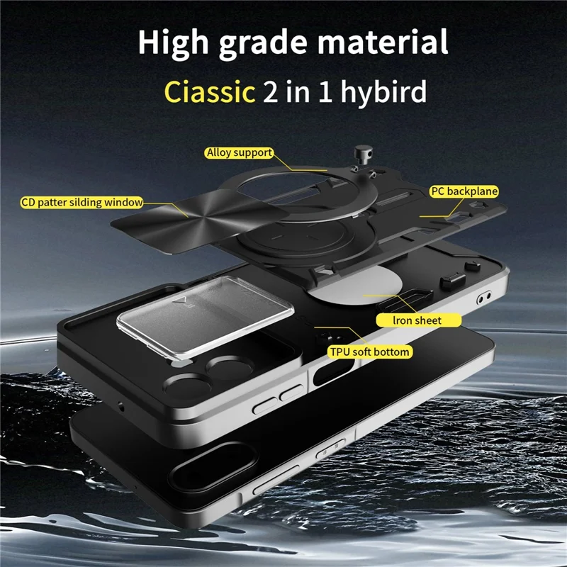 Samsung Galaxy A07 4G Hülle TPU + PC Handyhülle mit Ständer, verschiebbares Objektivfenster - Schwarz