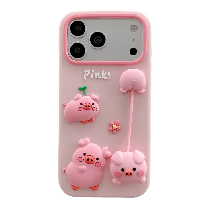 Capa de Silicone para iPhone 17 Pro Max com Pingente Fofo de Porquinho em 3D, Capa Traseira à Prova de Choques - Rosa