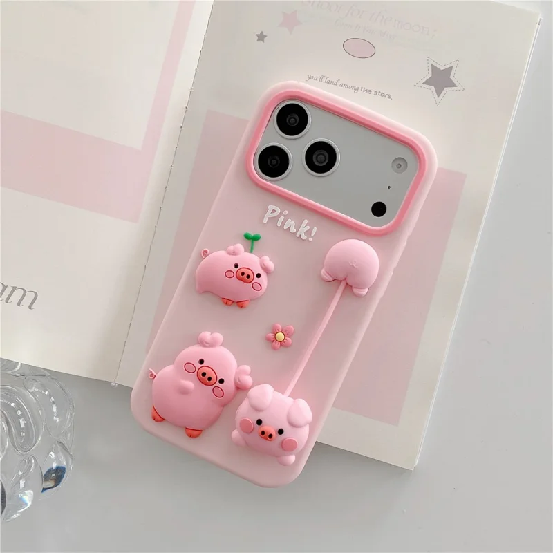 Capa de Silicone para iPhone 17 Pro Max com Pingente Fofo de Porquinho em 3D, Capa Traseira à Prova de Choques - Rosa