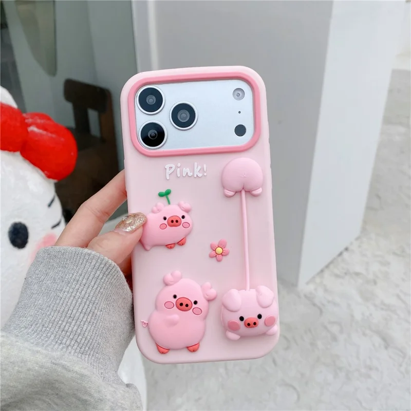 For iPhone 17 Pro Silicone Case Cute 3D Cartoon Pig Pendant Shockproof Phone Back Cover - Pink