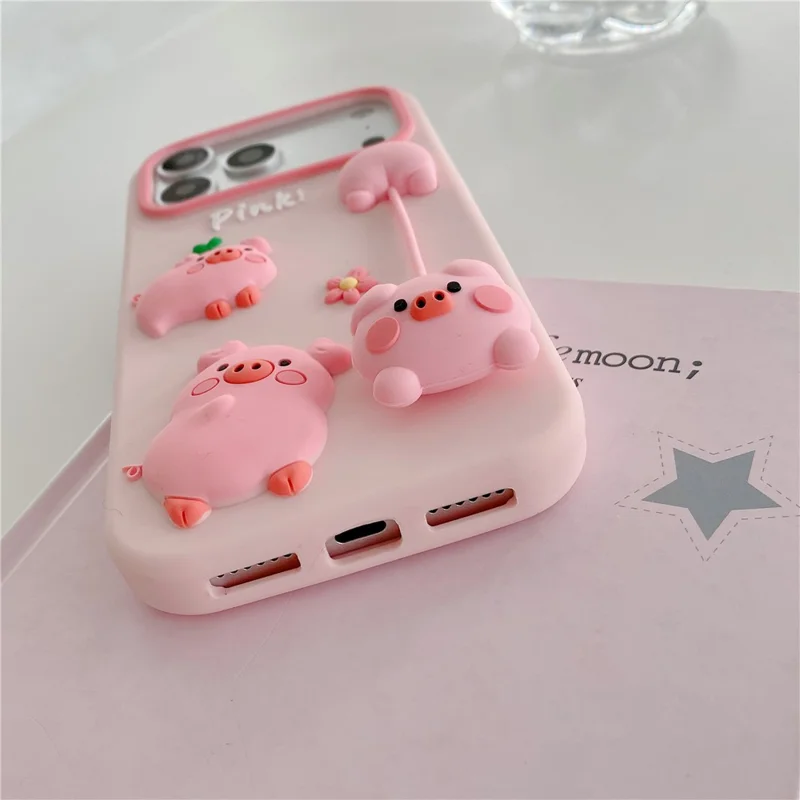 For iPhone 17 Pro Silicone Case Cute 3D Cartoon Pig Pendant Shockproof Phone Back Cover - Pink