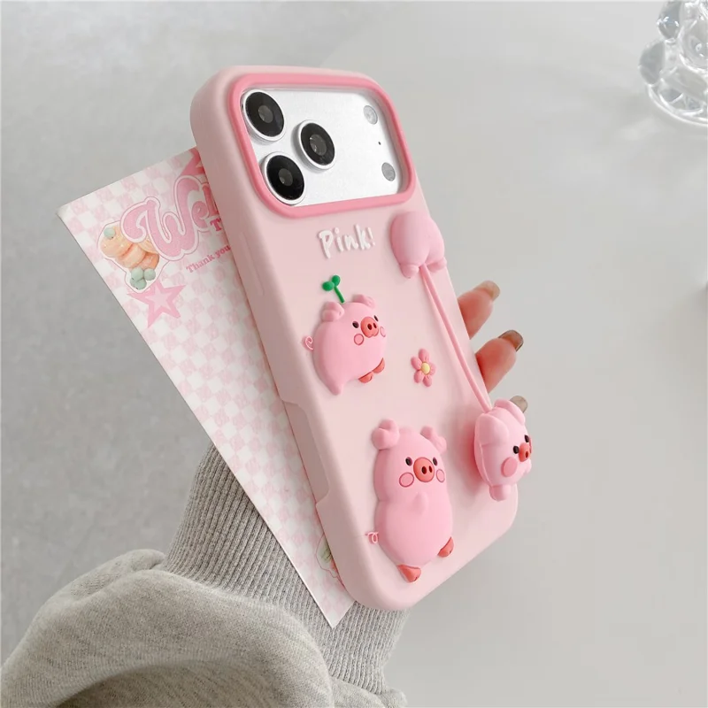 For iPhone 17 Pro Silicone Case Cute 3D Cartoon Pig Pendant Shockproof Phone Back Cover - Pink