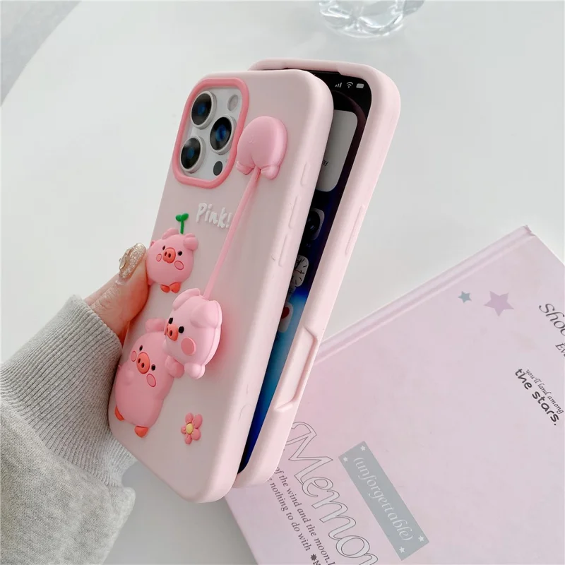 Cover in Silicone per iPhone 16 Pro Max con Ciondolo Carino a Maialino 3D, Protezione Posteriore Antiurto - Rosa