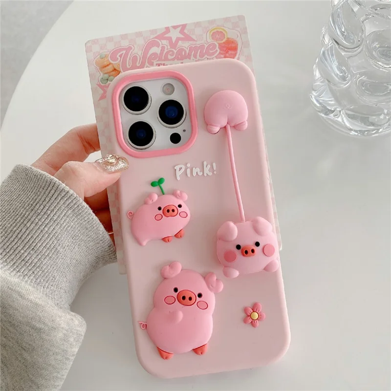 Coque en silicone pour iPhone 16 Pro, mignonne, avec pendule en 3D de cochon, protection antidéflagrante, housse arrière de téléphone - Rose