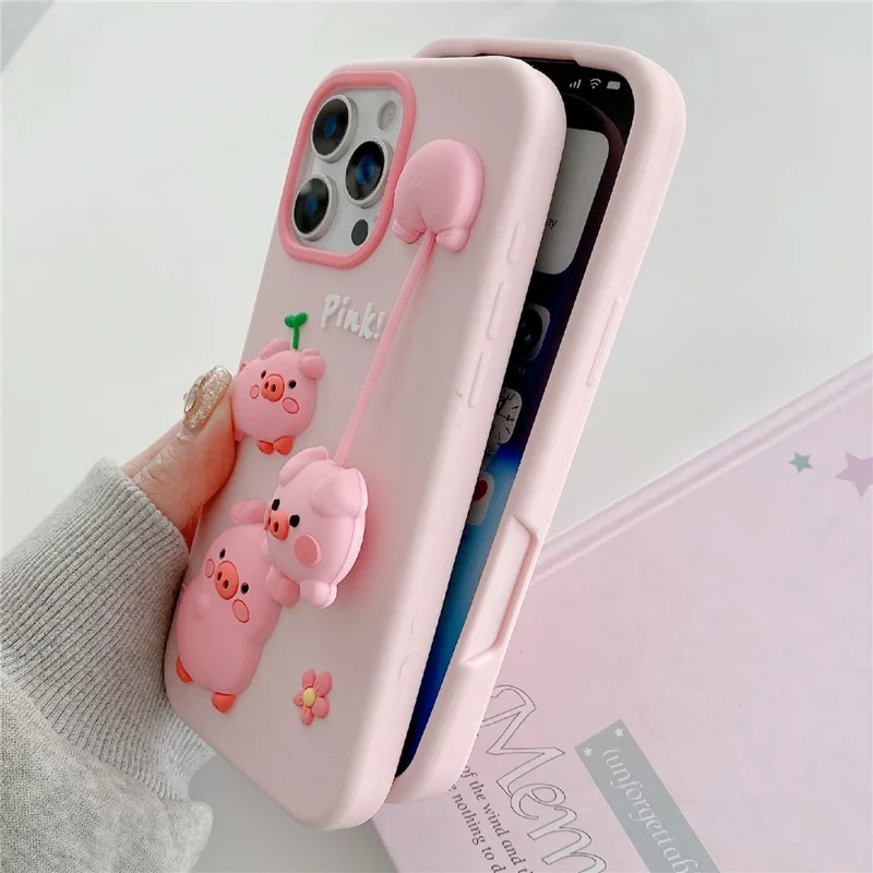 Coque en silicone pour iPhone 16 Pro, mignonne, avec pendule en 3D de cochon, protection antidéflagrante, housse arrière de téléphone - Rose