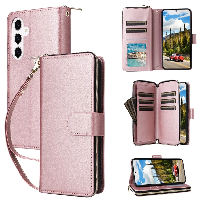 Cover per Samsung Galaxy S26+ con 9 Slot per Carte, Tasca con Cerniera, in Pelle PU, con Cinturino da Polso - Oro Rosa
