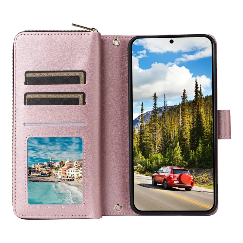 Cover per Samsung Galaxy S26+ con 9 Slot per Carte, Tasca con Cerniera, in Pelle PU, con Cinturino da Polso - Oro Rosa