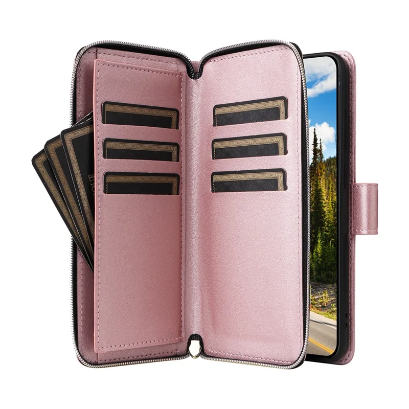 Cover per Samsung Galaxy S26+ con 9 Slot per Carte, Tasca con Cerniera, in Pelle PU, con Cinturino da Polso - Oro Rosa