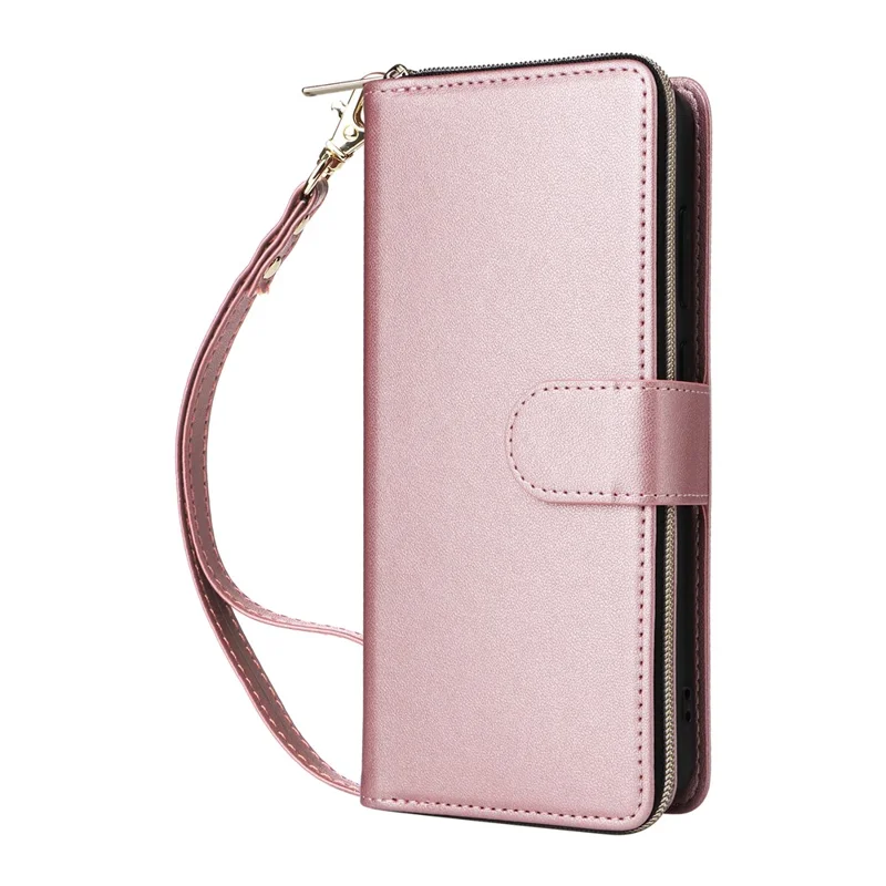 Cover per Samsung Galaxy S26+ con 9 Slot per Carte, Tasca con Cerniera, in Pelle PU, con Cinturino da Polso - Oro Rosa