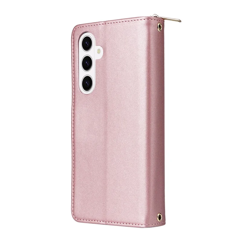 Cover per Samsung Galaxy S26+ con 9 Slot per Carte, Tasca con Cerniera, in Pelle PU, con Cinturino da Polso - Oro Rosa