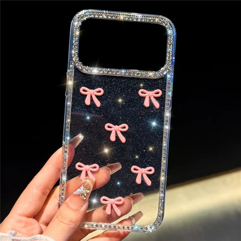 Coque pour iPhone 17 Pro Max avec bordure strass et décor arc-en-ciel papillon TPU + PC IMD - Couverture arrière transparente pailletée