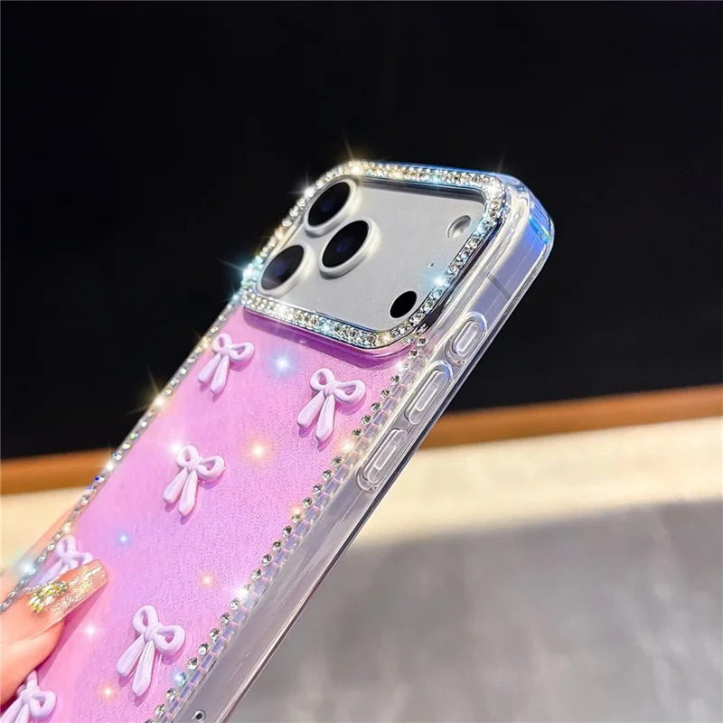 Coque pour iPhone 17 Pro Max avec bordure strass et décor arc-en-ciel papillon TPU + PC IMD - Couverture arrière transparente pailletée