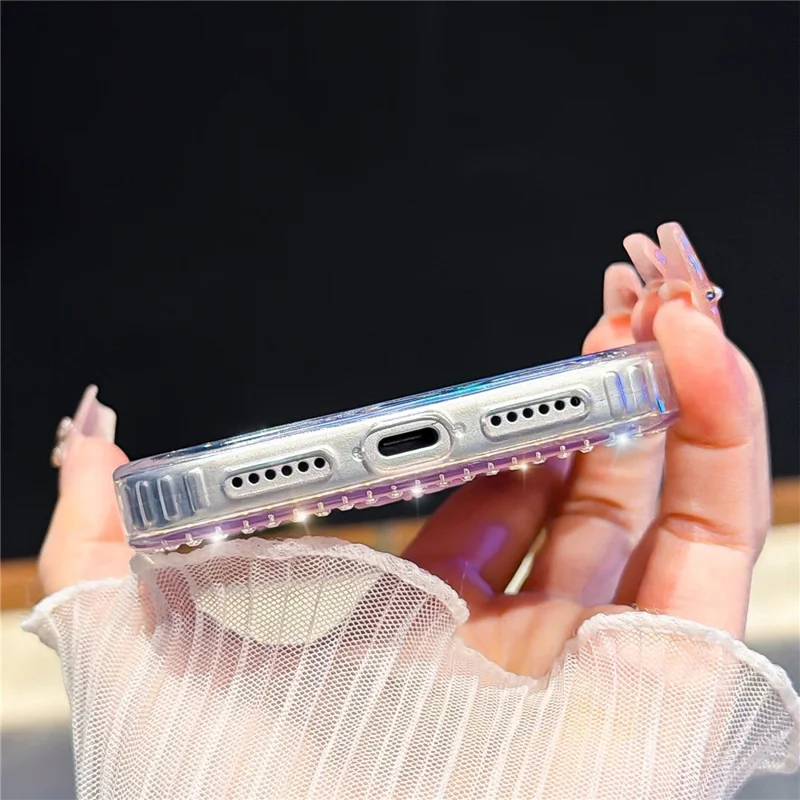 Coque pour iPhone 17 Pro Max avec bordure strass et décor arc-en-ciel papillon TPU + PC IMD - Couverture arrière transparente pailletée