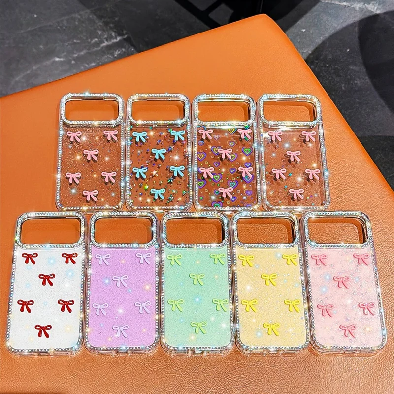 Coque pour iPhone 17 Pro Max avec bordure strass et décor arc-en-ciel papillon TPU + PC IMD - Couverture arrière transparente pailletée