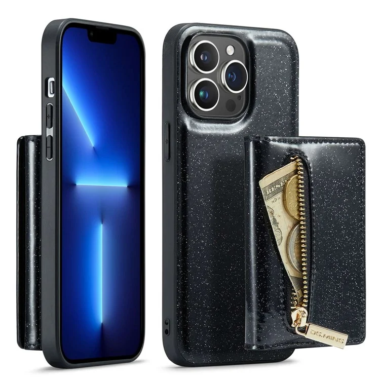DG.MING M3 Series For iPhone 13 Pro 6.1 inch 2-in-1 Detachable Phone Case Glittery Zippered Wallet Magnetic Anti-scratch Phone Cover Kickstand - Black