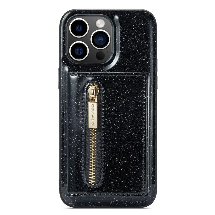 DG.MING M3 Series For iPhone 13 Pro 6.1 inch 2-in-1 Detachable Phone Case Glittery Zippered Wallet Magnetic Anti-scratch Phone Cover Kickstand - Black