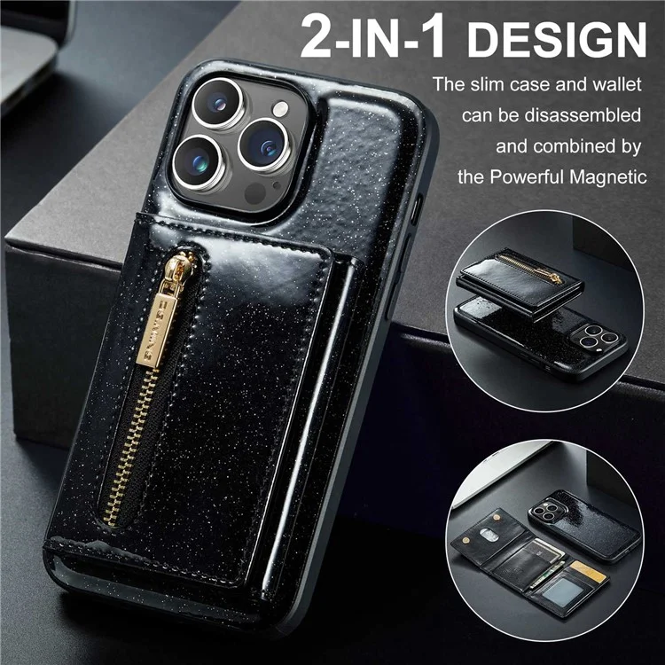DG.MING M3 Series For iPhone 13 Pro 6.1 inch 2-in-1 Detachable Phone Case Glittery Zippered Wallet Magnetic Anti-scratch Phone Cover Kickstand - Black