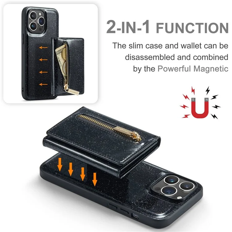 DG.MING M3 Series For iPhone 13 Pro 6.1 inch 2-in-1 Detachable Phone Case Glittery Zippered Wallet Magnetic Anti-scratch Phone Cover Kickstand - Black