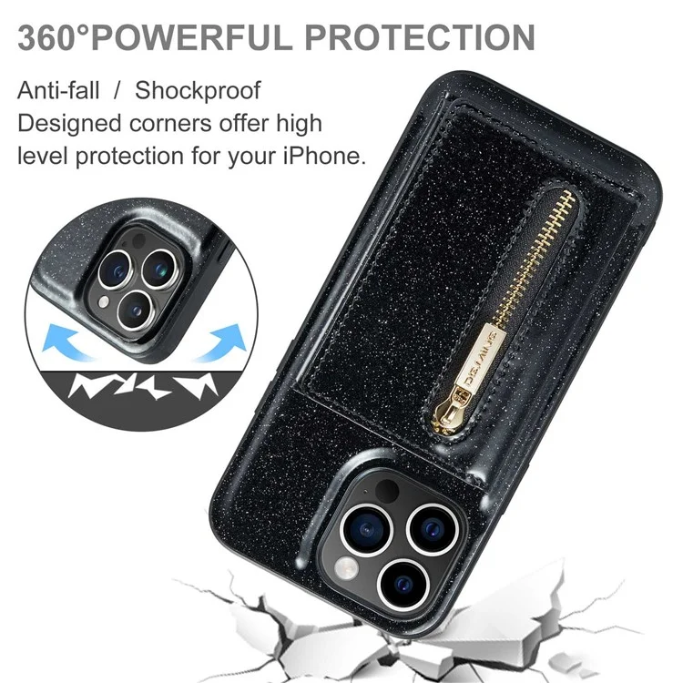 DG.MING M3 Series For iPhone 13 Pro 6.1 inch 2-in-1 Detachable Phone Case Glittery Zippered Wallet Magnetic Anti-scratch Phone Cover Kickstand - Black