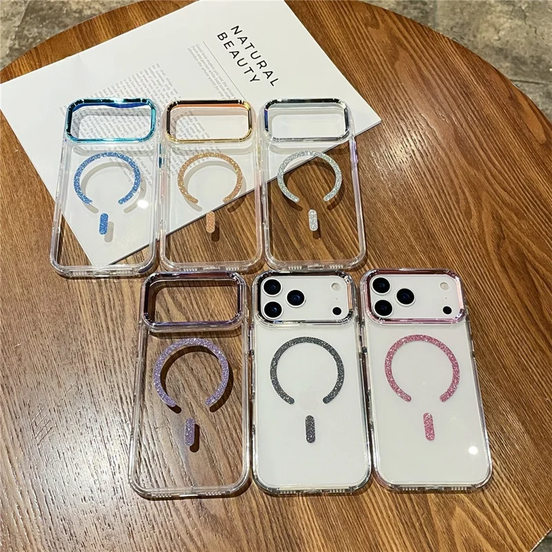 Capa Magnética para iPhone 17 Pro com Borda Brilhante, Capa Traseira Transparente em TPU + PC Compatível com MagSafe - Rosa