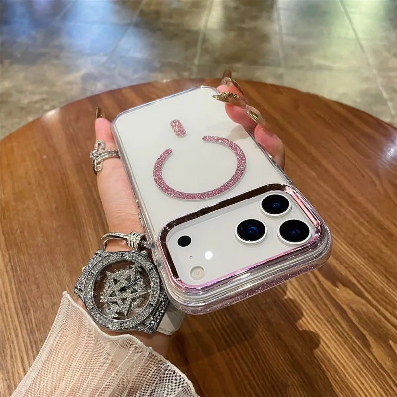 Capa Magnética para iPhone 17 Pro Max com Borda Brilhante, Capa Transparente em TPU + PC com Parte Traseira Clara Compatível com MagSafe - Rosa