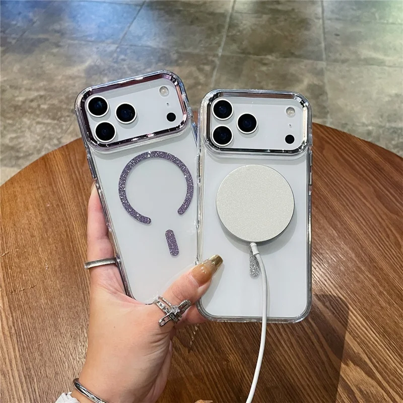 Capa Magnética para iPhone 17 Pro Max com Borda Brilhante, Capa Transparente em TPU + PC com Parte Traseira Clara Compatível com MagSafe - Rosa