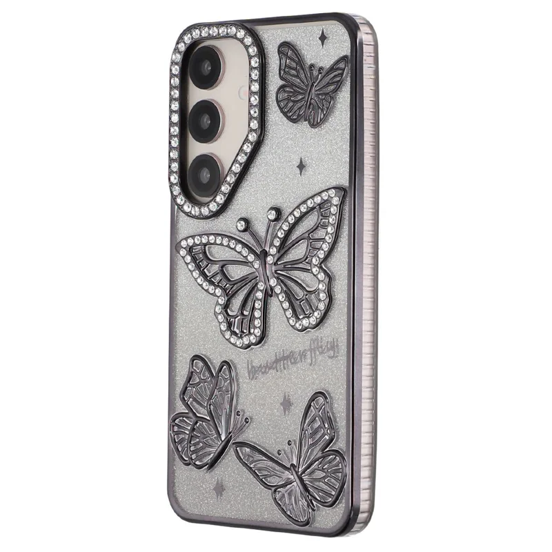 Für Samsung Galaxy S26+ Hülle mit Strasssteinen verziert, 3D-Schmetterlingsdesign, TPU-Handyhülle mit Glitzerpapier - Schwarz