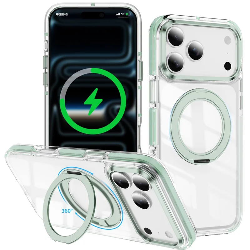Capa para iPhone 17 Pro Max Compatível com MagSafe, Suporte Giratório, Capa Traseira Transparente em TPU e PC Acrílico à Prova de Choques - Verde Menta
