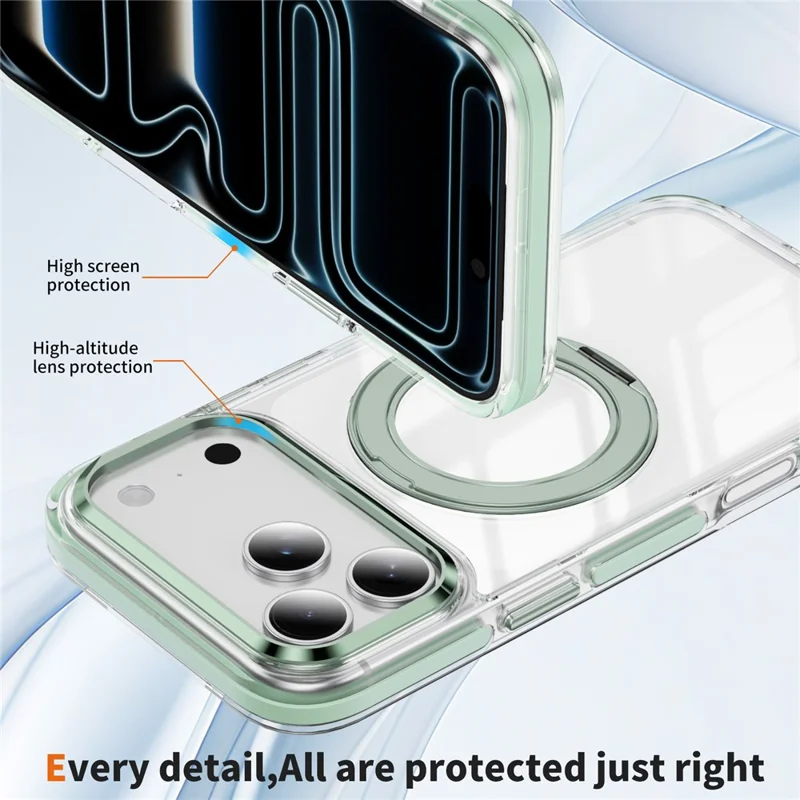 Capa para iPhone 17 Pro Max Compatível com MagSafe, Suporte Giratório, Capa Traseira Transparente em TPU e PC Acrílico à Prova de Choques - Verde Menta