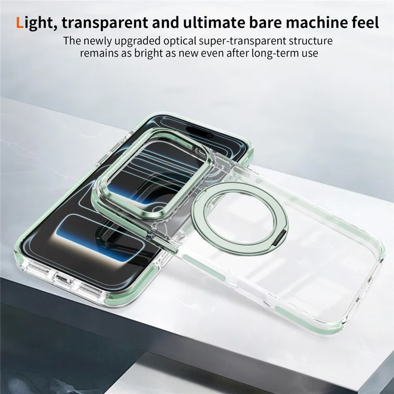 Capa para iPhone 17 Pro Max Compatível com MagSafe, Suporte Giratório, Capa Traseira Transparente em TPU e PC Acrílico à Prova de Choques - Verde Menta