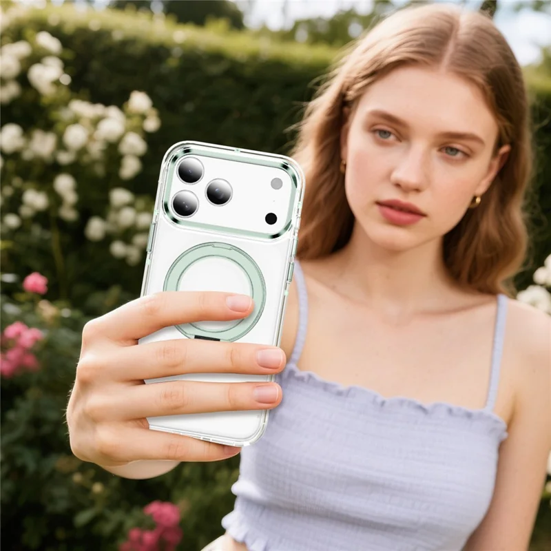 Capa para iPhone 17 Pro Max Compatível com MagSafe, Suporte Giratório, Capa Traseira Transparente em TPU e PC Acrílico à Prova de Choques - Verde Menta