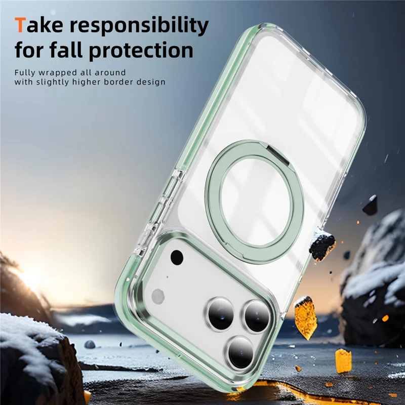Capa para iPhone 17 Pro Max Compatível com MagSafe, Suporte Giratório, Capa Traseira Transparente em TPU e PC Acrílico à Prova de Choques - Verde Menta