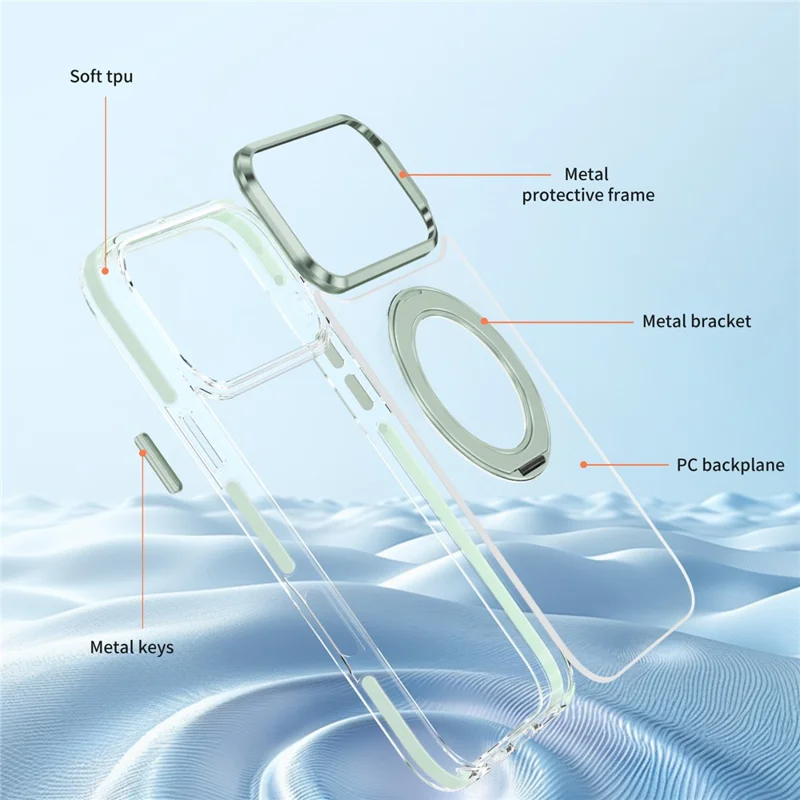 Capa para iPhone 17 Pro Max Compatível com MagSafe, Suporte Giratório, Capa Traseira Transparente em TPU e PC Acrílico à Prova de Choques - Verde Menta