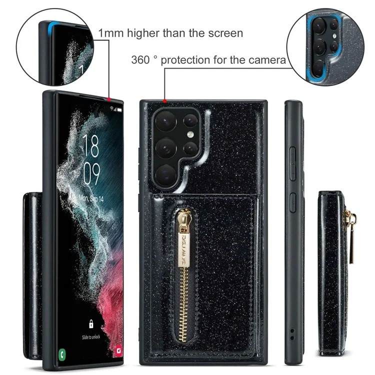 Дг. Серия Ming M3 Для Samsung Galaxy S22 Ultra 5G 2-в-1 Блестящий PU Кожаный PC+TPU Back Case Magnetic Съемный Съемный Телефон на Молнии с Kickstand - Черный
