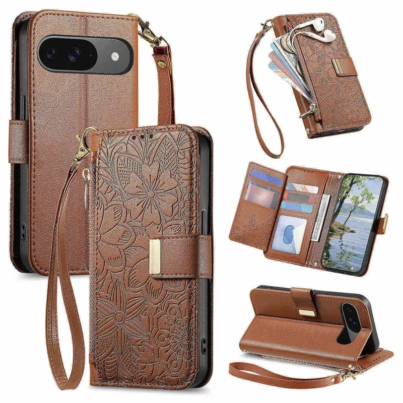 Phone Case For Google Pixel 9 Pro   /  9 Floral Leaf Pattern Multi Card Slots Zipper Leather Phone Cover with Wrist Strap - Brown