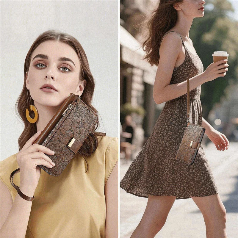 Phone Case For Google Pixel 9 Pro   /  9 Floral Leaf Pattern Multi Card Slots Zipper Leather Phone Cover with Wrist Strap - Brown