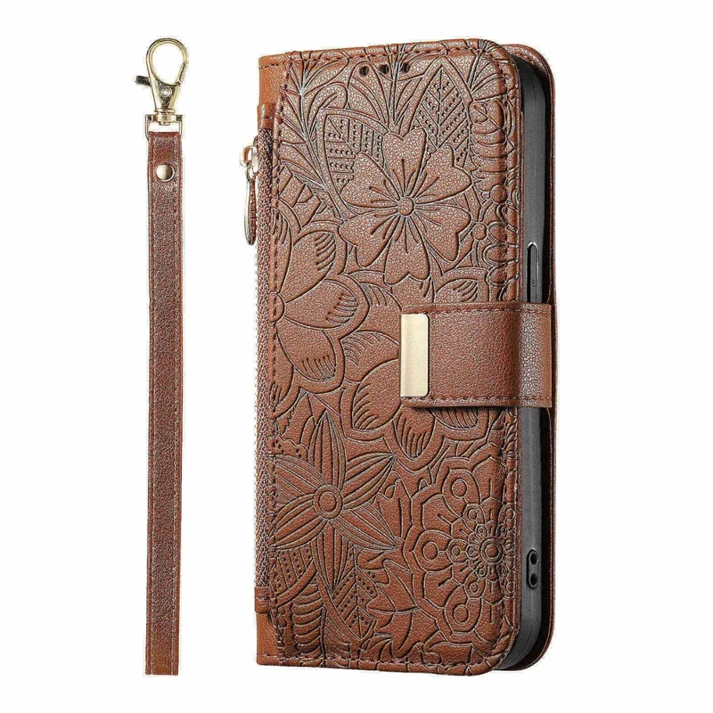Phone Case For Google Pixel 9 Pro   /  9 Floral Leaf Pattern Multi Card Slots Zipper Leather Phone Cover with Wrist Strap - Brown