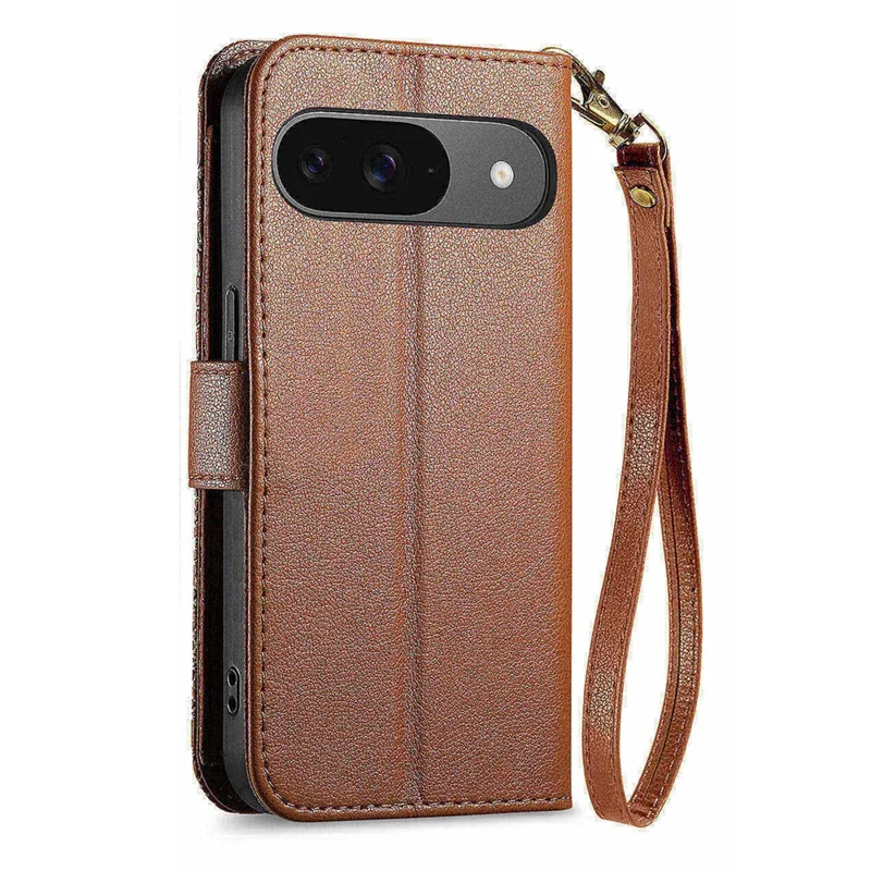 Phone Case For Google Pixel 9 Pro   /  9 Floral Leaf Pattern Multi Card Slots Zipper Leather Phone Cover with Wrist Strap - Brown
