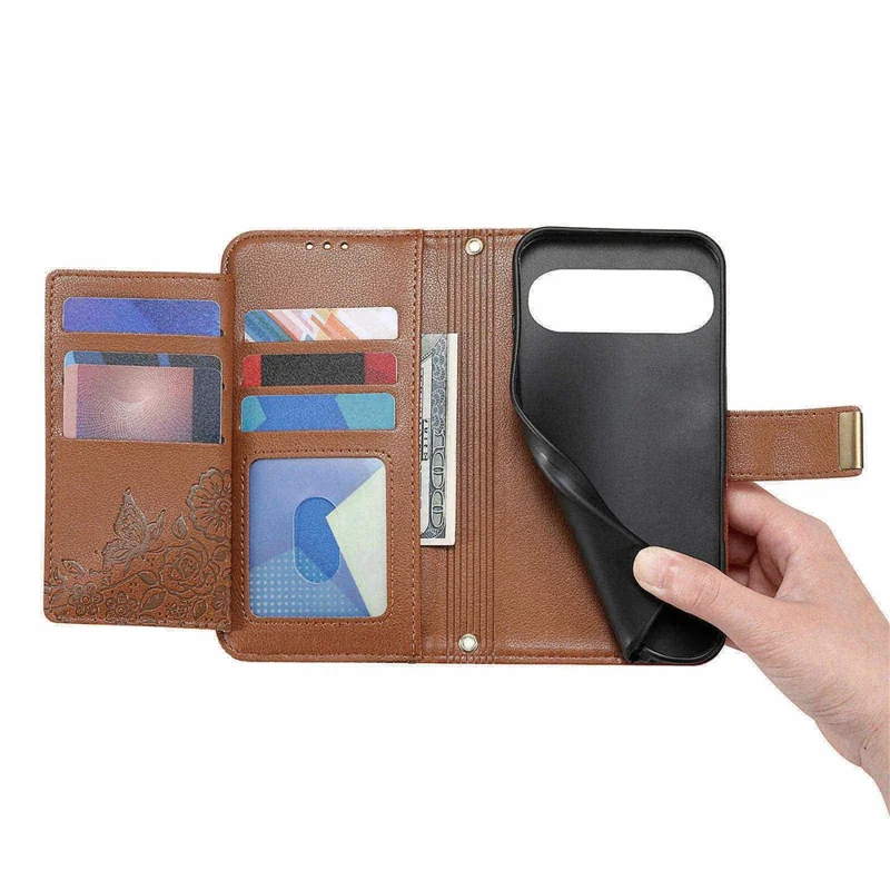 Phone Case For Google Pixel 9 Pro   /  9 Floral Leaf Pattern Multi Card Slots Zipper Leather Phone Cover with Wrist Strap - Brown