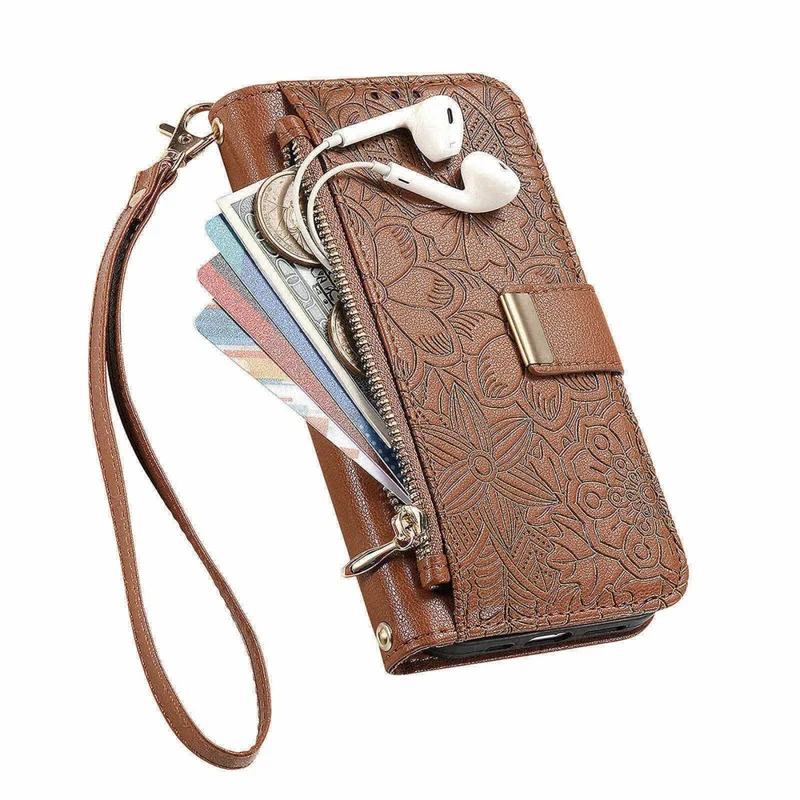 Phone Case For Google Pixel 9 Pro   /  9 Floral Leaf Pattern Multi Card Slots Zipper Leather Phone Cover with Wrist Strap - Brown