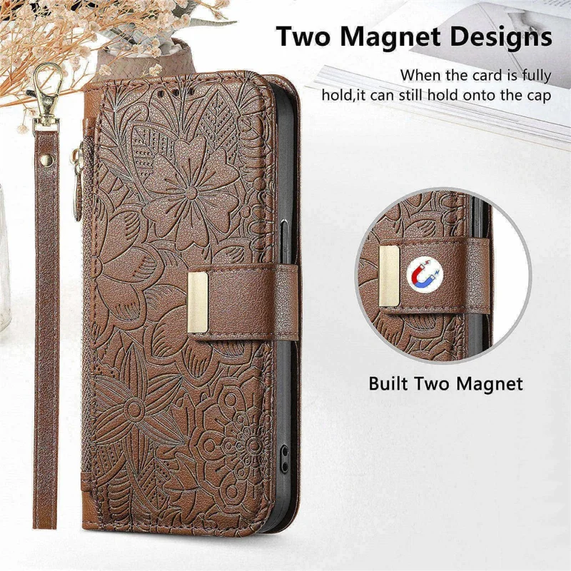 Phone Case For Google Pixel 9 Pro   /  9 Floral Leaf Pattern Multi Card Slots Zipper Leather Phone Cover with Wrist Strap - Brown