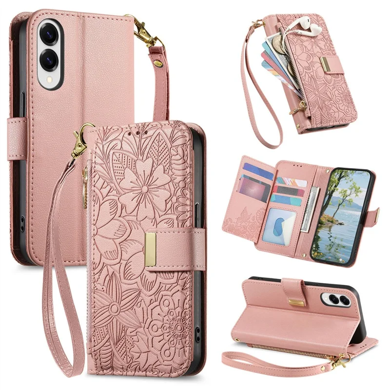 For Samsung Galaxy S25 Edge Case Floral Leaf Pattern Multi Card Slots Zipper Leather Phone Cover with Wrist Strap - Pink